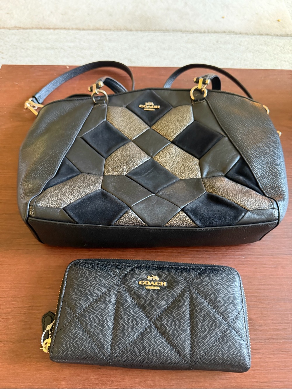 COACH Black Patchwork Leather Shoulder Bag with Quilted Black Wallet